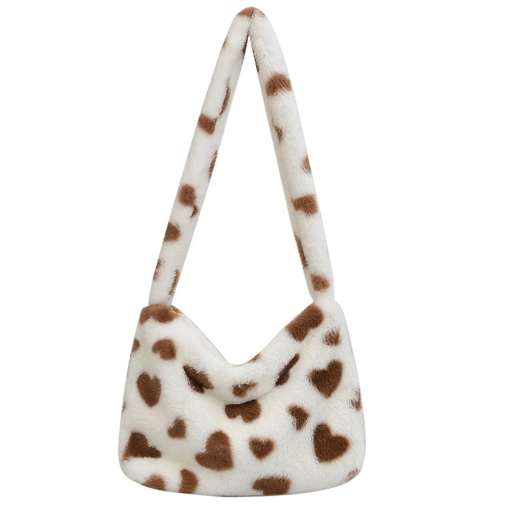 Fluffy Love Heart Print Handbag for Holiday Party