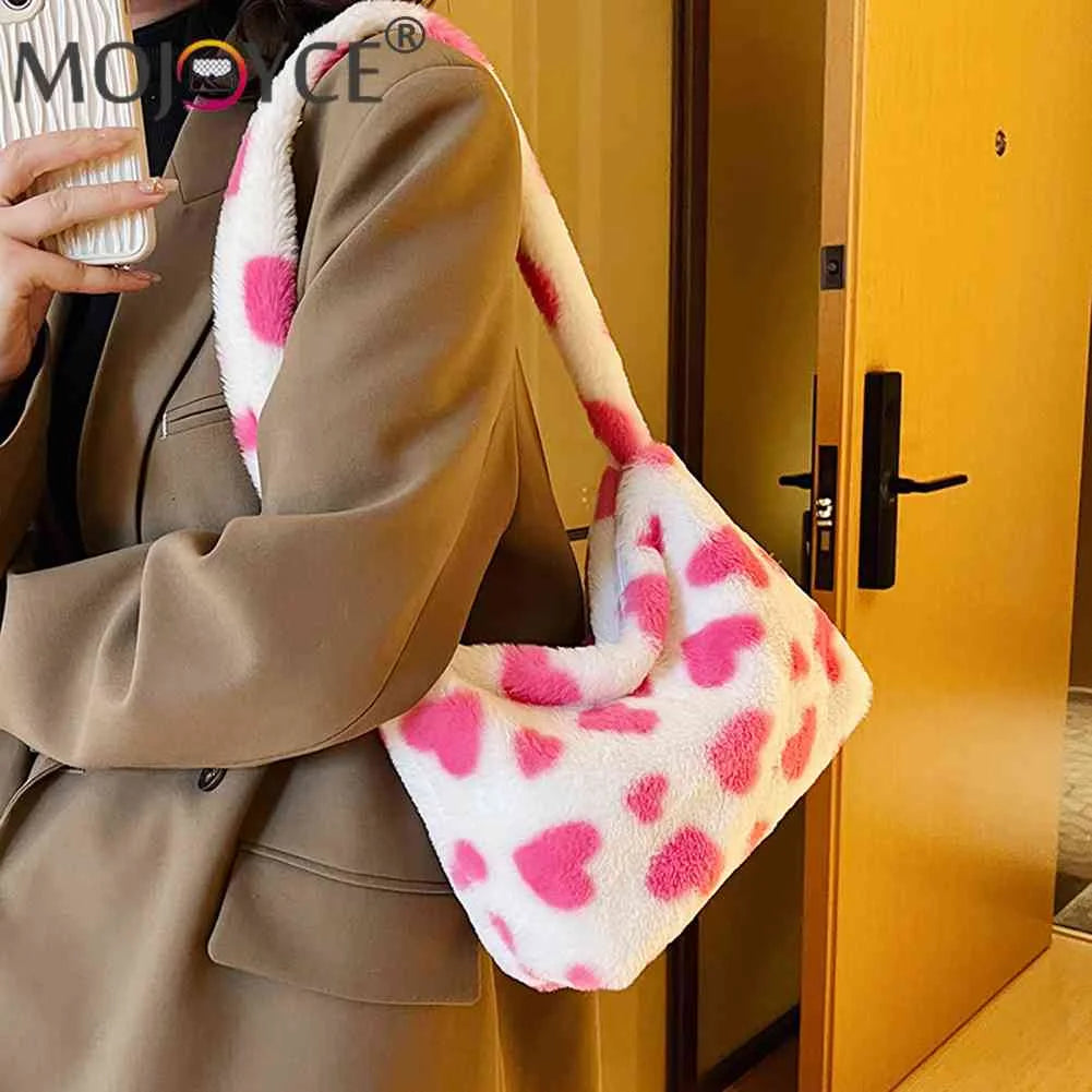 Fluffy Love Heart Print Handbag for Holiday Party