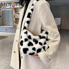 Fluffy Love Heart Print Handbag for Holiday Party