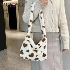 Fluffy Love Heart Print Handbag for Holiday Party