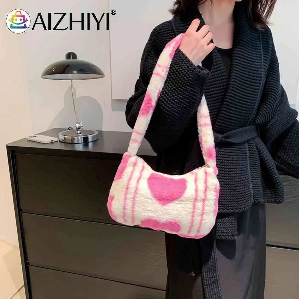 Warm Love Heart Printed Shoulder Bag for Women, Casual Autumn Winter Handbag