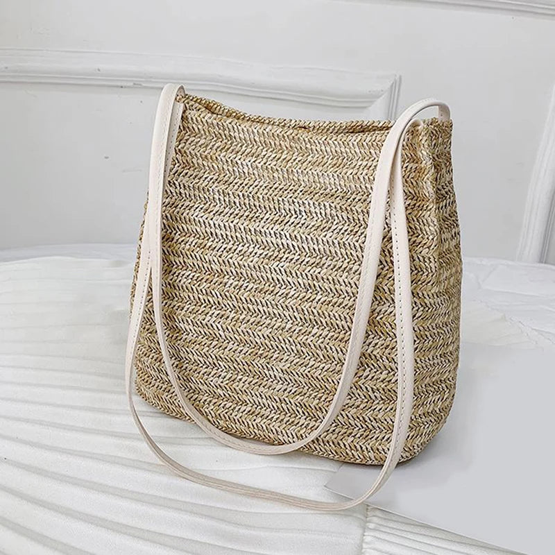 Large Basket Handbag Straw Woven Bag 100% Natural Shoulder Bags Casual Tote