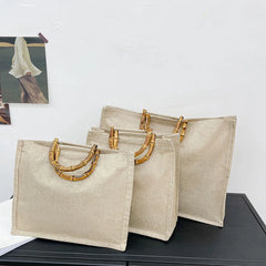 Burlap Jute Shopping Bag Handbag Bamboo Handle Tote DIY Bag Women