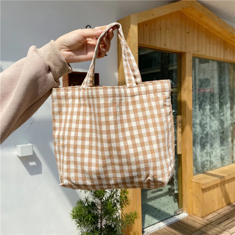 Cotton Women Lunch Bento Bag Vintage Plaid Canvas Ladies Handbags