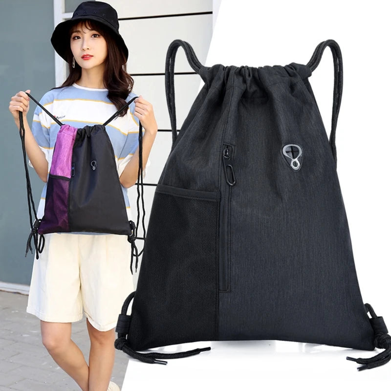 Portable Drawstring Backpack Bag with Pockets & Earphone Hole