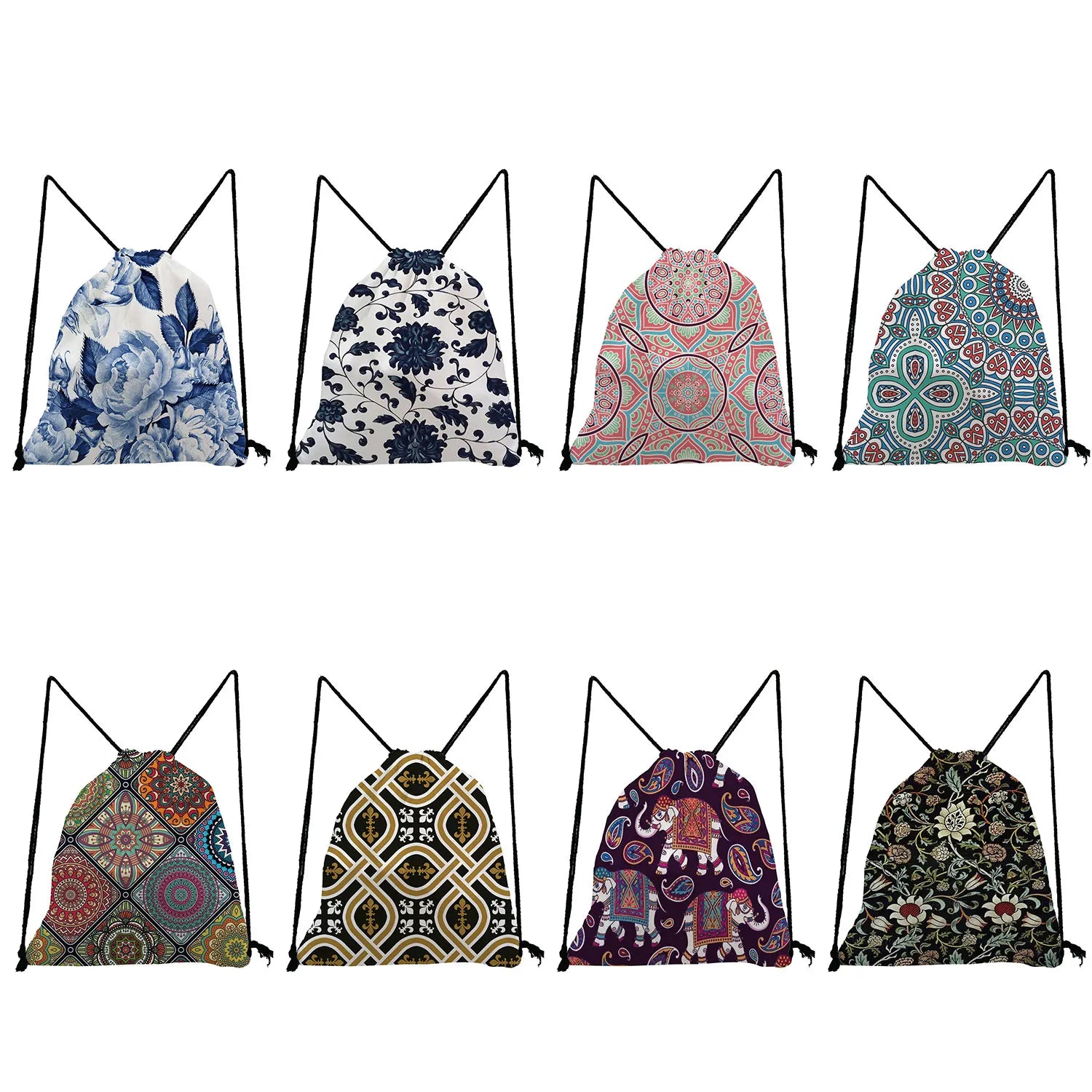 Colorful Floral Drawstring Shoes Bag Backpack for Students