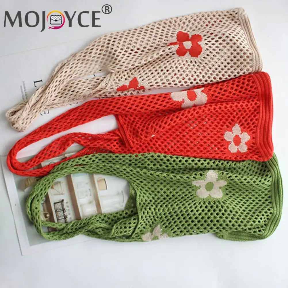 Portable Flower Printing Shoulder Shopping Mesh Net Bag