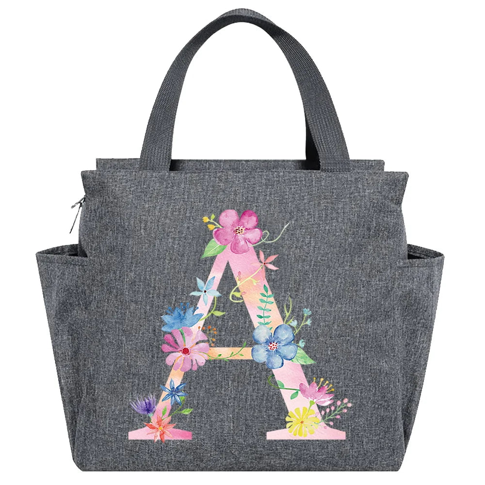 Portable Insulated Lunch Bag Pink Letter Print Food Storage Handbag