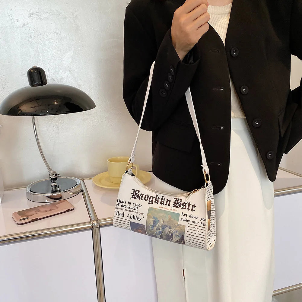 Portable Newspaper Printing Shoulder Bag PU Leather Zipper French Underarm Bag
