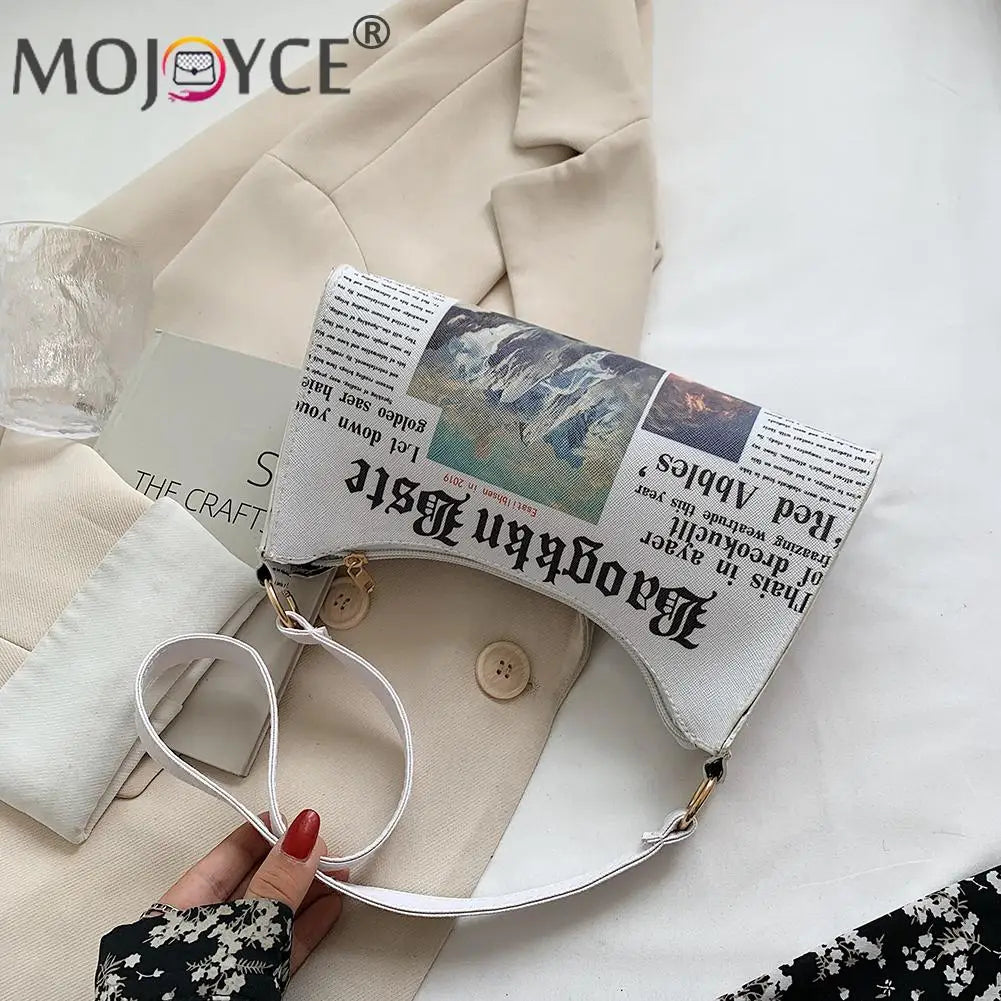 Portable Newspaper Printing Shoulder Bag PU Leather Zipper French Underarm Bag