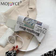 Portable Newspaper Printing Shoulder Bag PU Leather Zipper French Underarm Bag