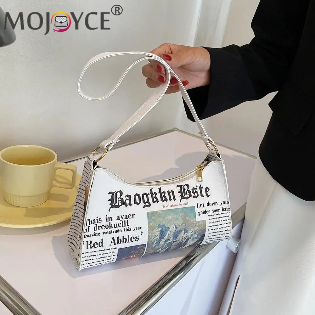 Portable Newspaper Printing Shoulder Bag PU Leather Zipper French Underarm Bag