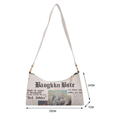 Portable Newspaper Printing Shoulder Bag PU Leather Zipper French Underarm Bag