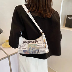 Portable Newspaper Printing Shoulder Bag PU Leather Zipper French Underarm Bag