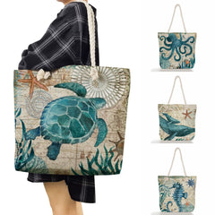 Octopus Turtle Print Shoulder Bag Women Travel Tote Eco Beach Bag