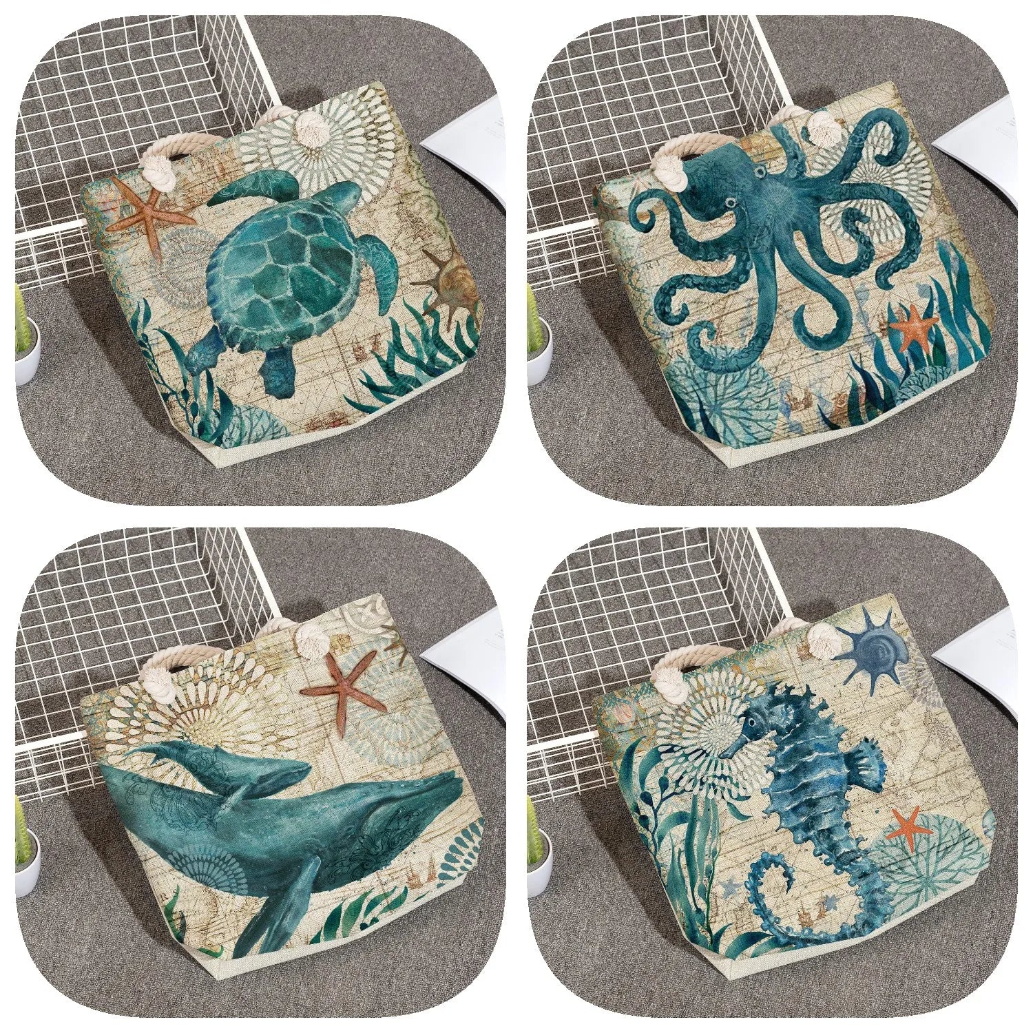 Octopus Turtle Print Shoulder Bag Women Travel Tote Eco Beach Bag