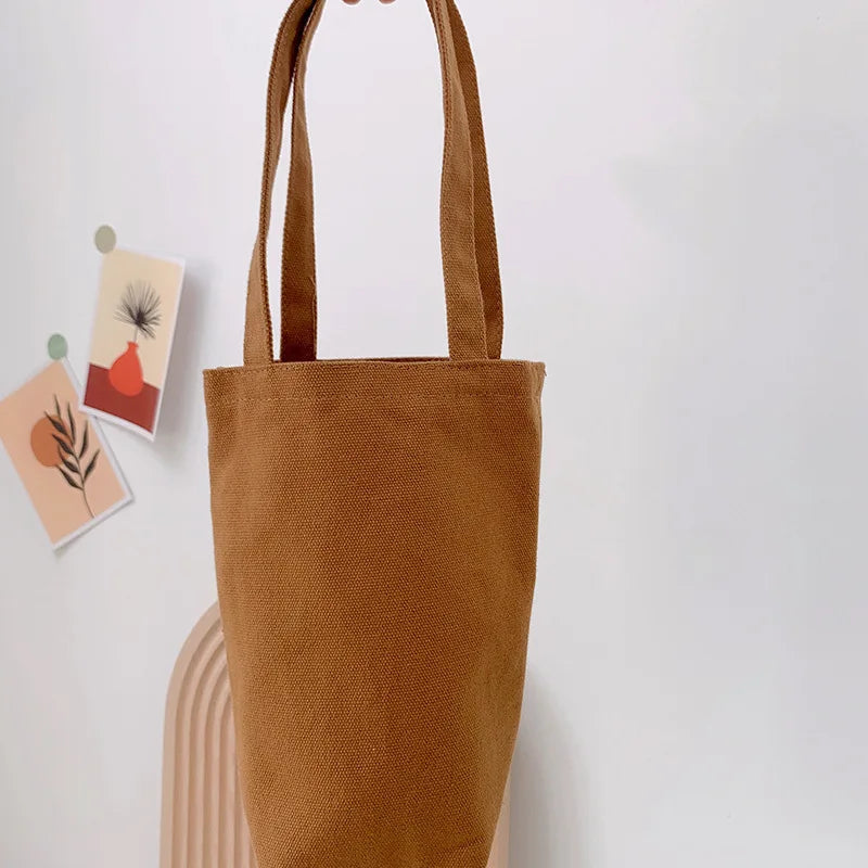 Canvas Water Bottle Holder Bag Solid Milk Tea Travel Storage Cover
