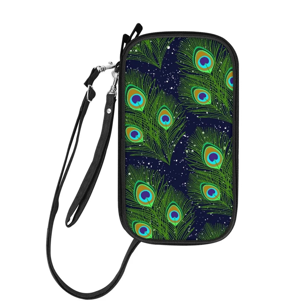 Family Travel Passport Holder Zipper Peacock Feather
