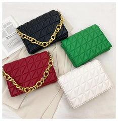 Quilted Leather Shoulder Bag with Thick Chain - Gold