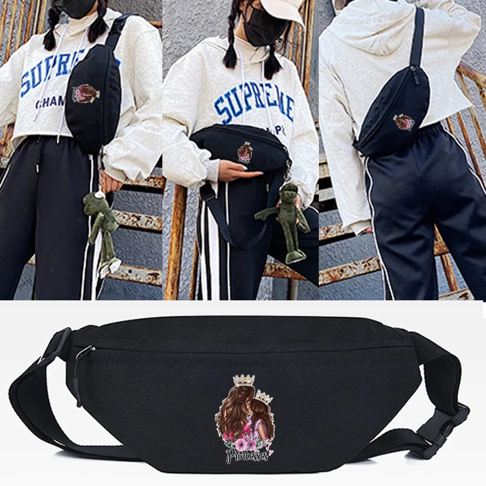 Princess Crown Print Waist Bag Women Canvas Chest Packs