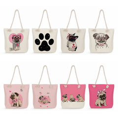 Pug Cartoon Print Lady Tote Bag High Capacity Summer Shoulder Handbag