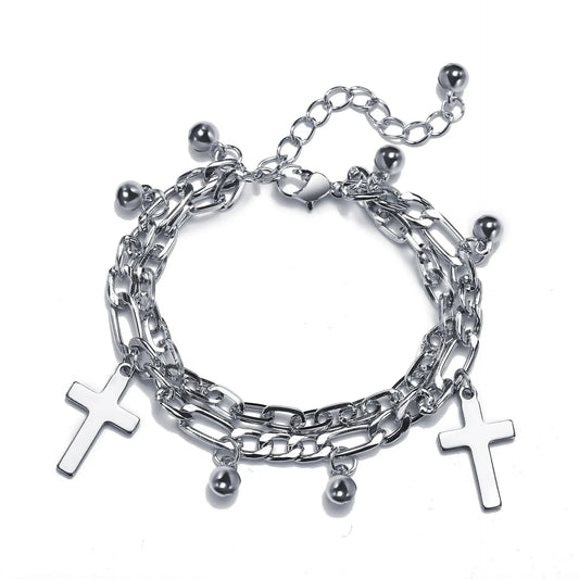 Punk Silver Chain Bracelet Cross Heart Bear Pendant