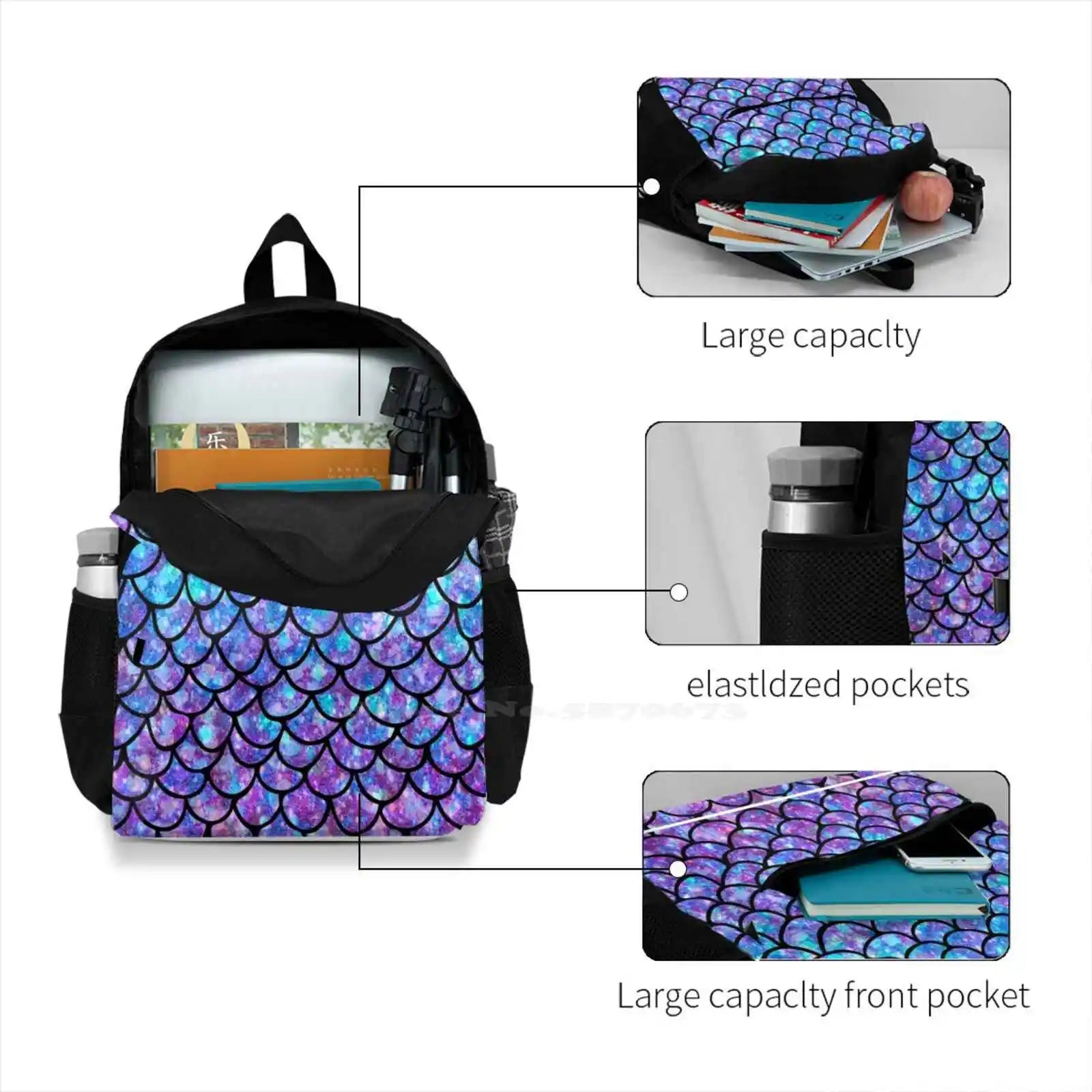 Mermaid Scales Backpack School Laptop Travel Bag Fairy Tale Scale Whale Tail