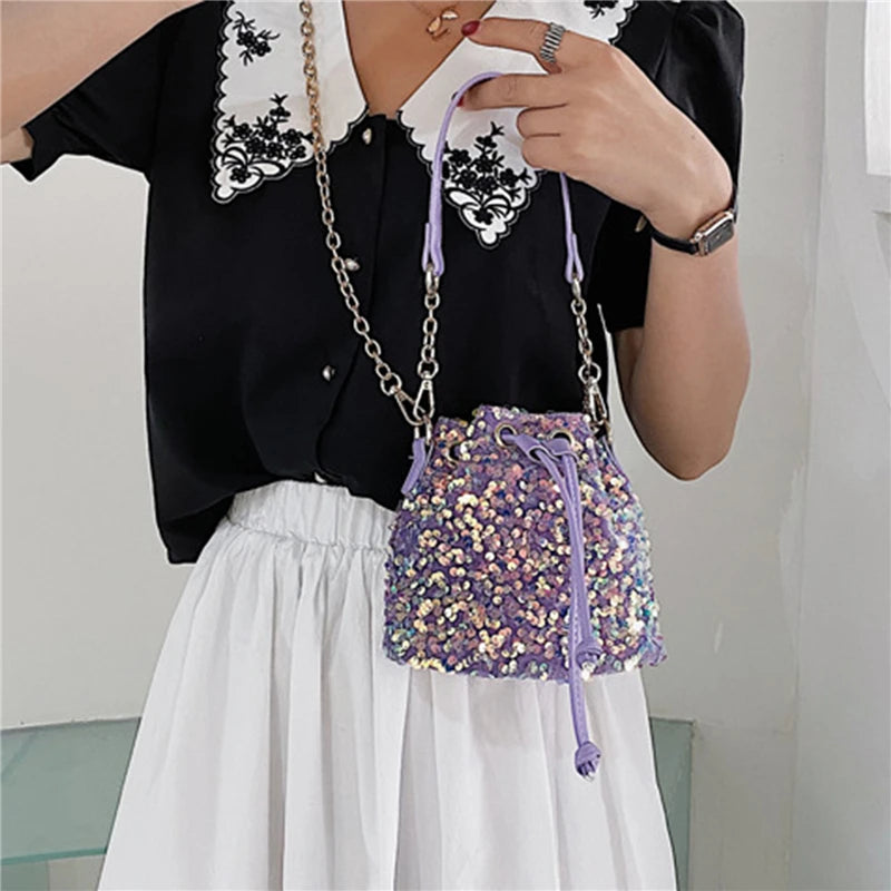 Sequin String Bucket Handbag Tote Ladies Shoulder Bag Girls Crossbody Bag