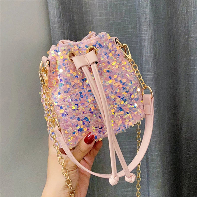 Sequin String Bucket Handbag Tote Ladies Shoulder Bag Girls Crossbody Bag