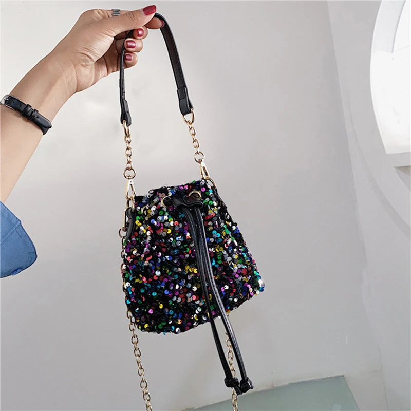 Sequin String Bucket Handbag Tote Ladies Shoulder Bag Girls Crossbody Bag