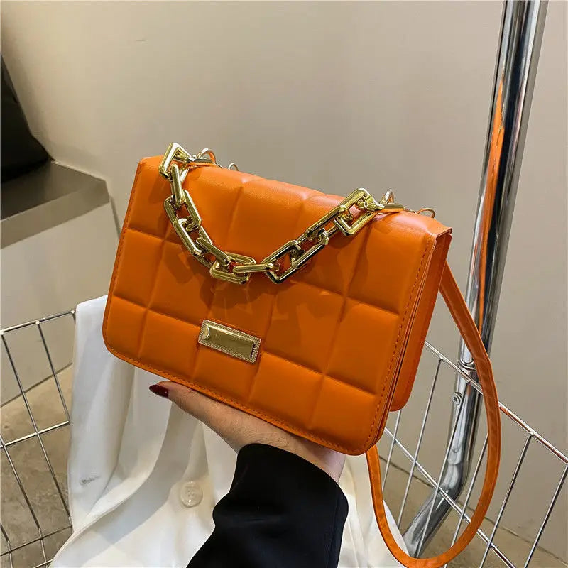 Purple Leather Crossbody Bag Plaid Shoulder Bag Chain Handle Small Oran...