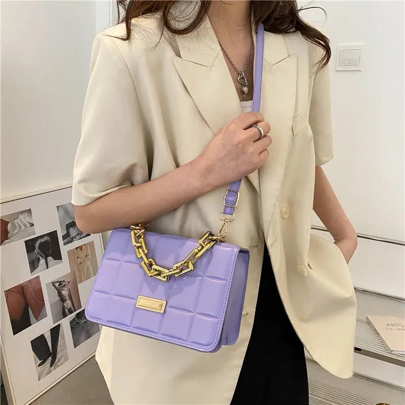 Purple Leather Crossbody Bag Plaid Shoulder Bag With Chain Handle
