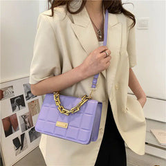 Purple Leather Crossbody Bag Plaid Shoulder Bag With Chain Handle