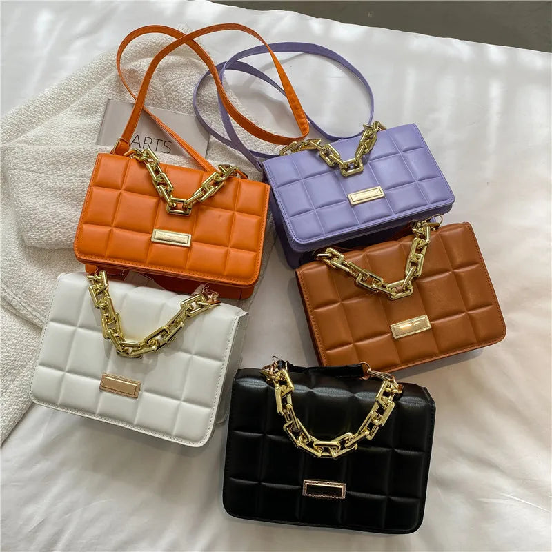 Purple Leather Crossbody Bag Plaid Shoulder Bag Chain Handle Small Oran...
