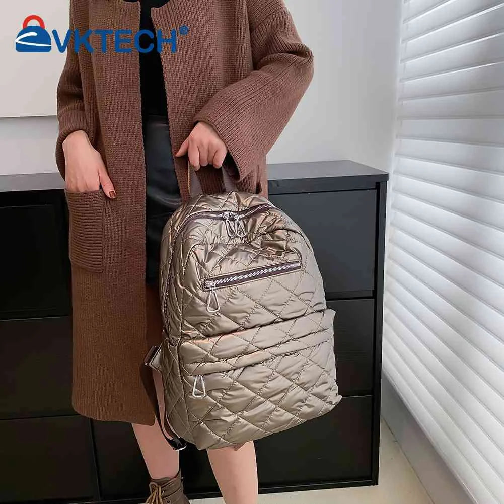Quilted Cotton-Padded Backpack Nylon Rhombic Lattice Ladies Knapsack