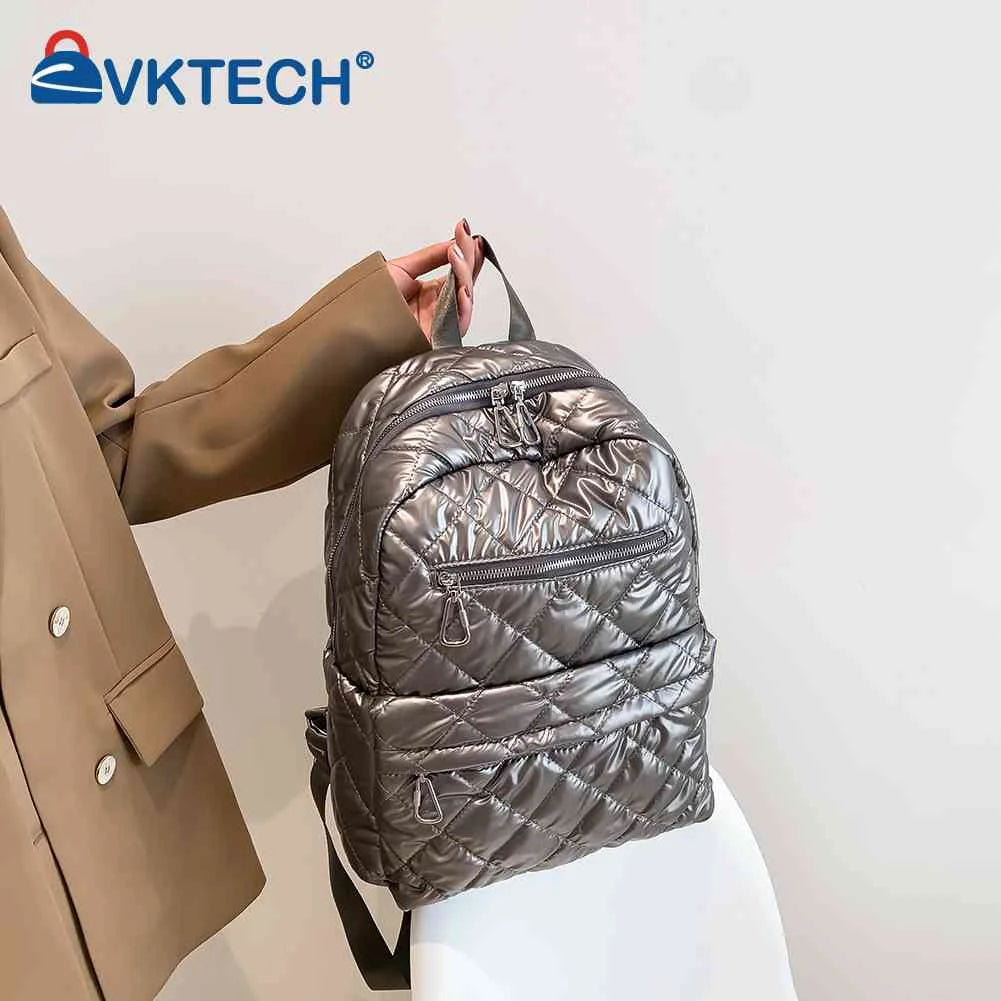 Quilted Cotton-Padded Backpack Nylon Rhombic Lattice Ladies Knapsack