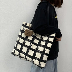 Women's Shoulder Bag Check Zipper Shopper Bag