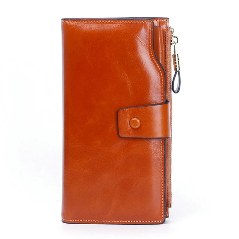 RFID Blocking Leather Women Wallet Lady Leather Purse Oil Wax Leather