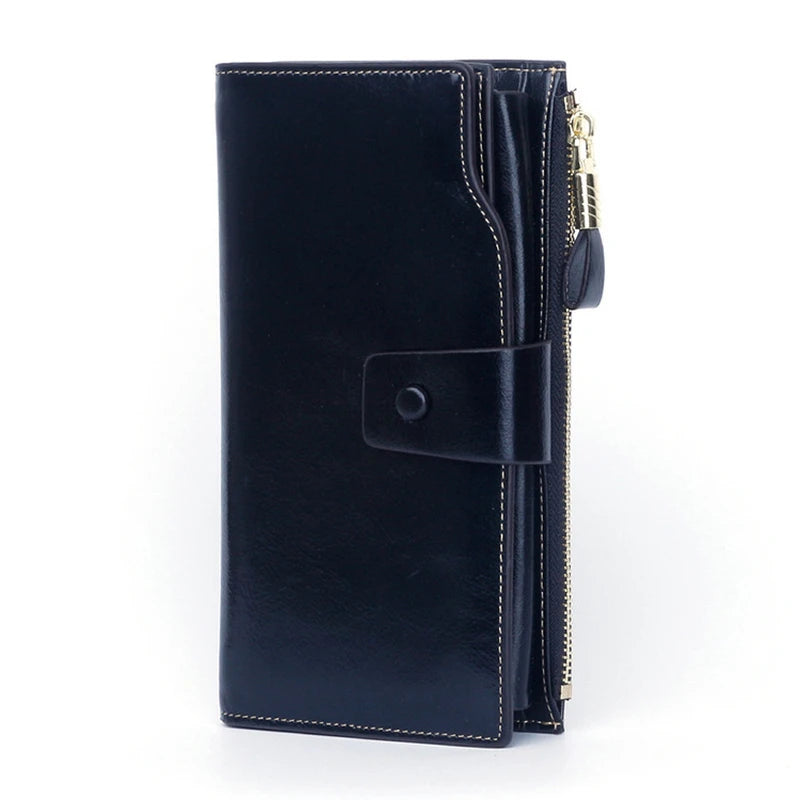 RFID Blocking Leather Women Wallet Lady Leather Purse Oil Wax Leather