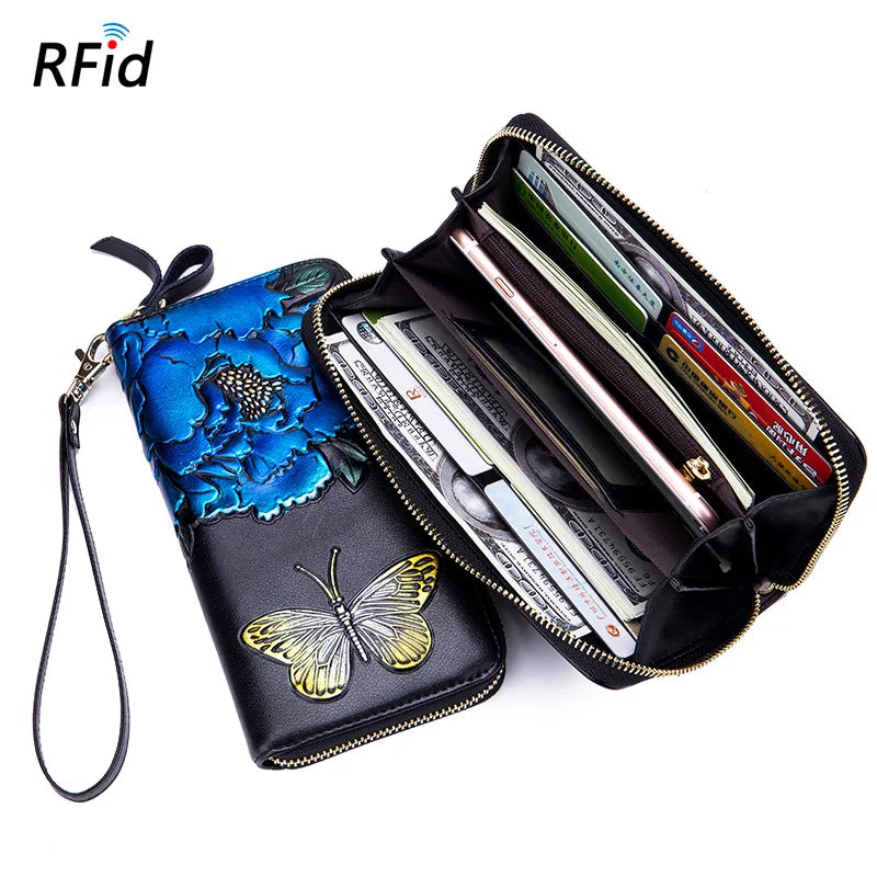 RFid Rose Flower Butterfly Women Wallet Leather Lady Long Zipper Purse Female
