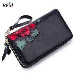 RFid Rose Flower Butterfly Women Wallet Leather Lady Long Zipper Purse Female