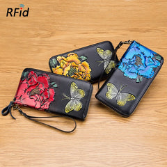 RFid Rose Flower Butterfly Women Wallet Leather Lady Long Zipper Purse Female
