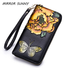 RFid Rose Flower Butterfly Women Wallet Leather Lady Long Zipper Purse Female