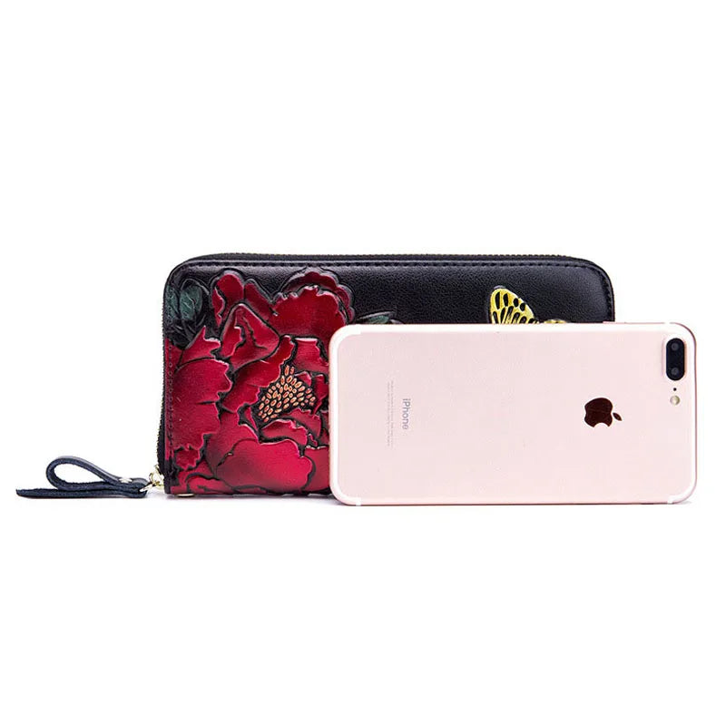 RFid Rose Flower Butterfly Women Wallet Leather Lady Long Zipper Purse Female