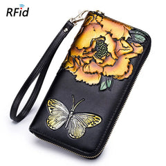 RFid Rose Flower Butterfly Women Wallet Leather Lady Long Zipper Purse Female
