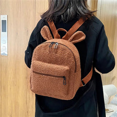 Rabbit Backpack Fluffy Plush School Bag With Bunny Ears Zipper-Open