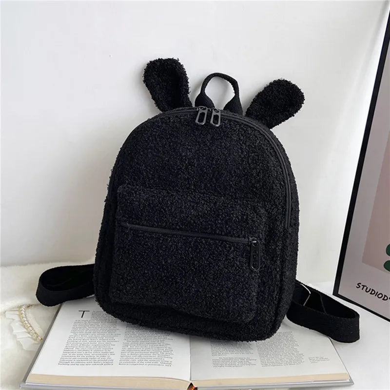 Rabbit Backpack Fluffy Plush School Bag With Bunny Ears Zipper-Open