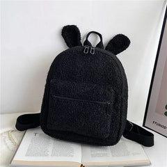 Rabbit Backpack Fluffy Plush School Bag With Bunny Ears Zipper-Open