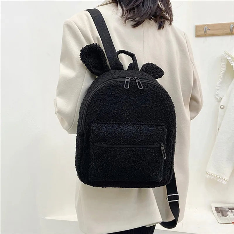Rabbit Backpack Fluffy Plush School Bag With Bunny Ears Zipper-Open