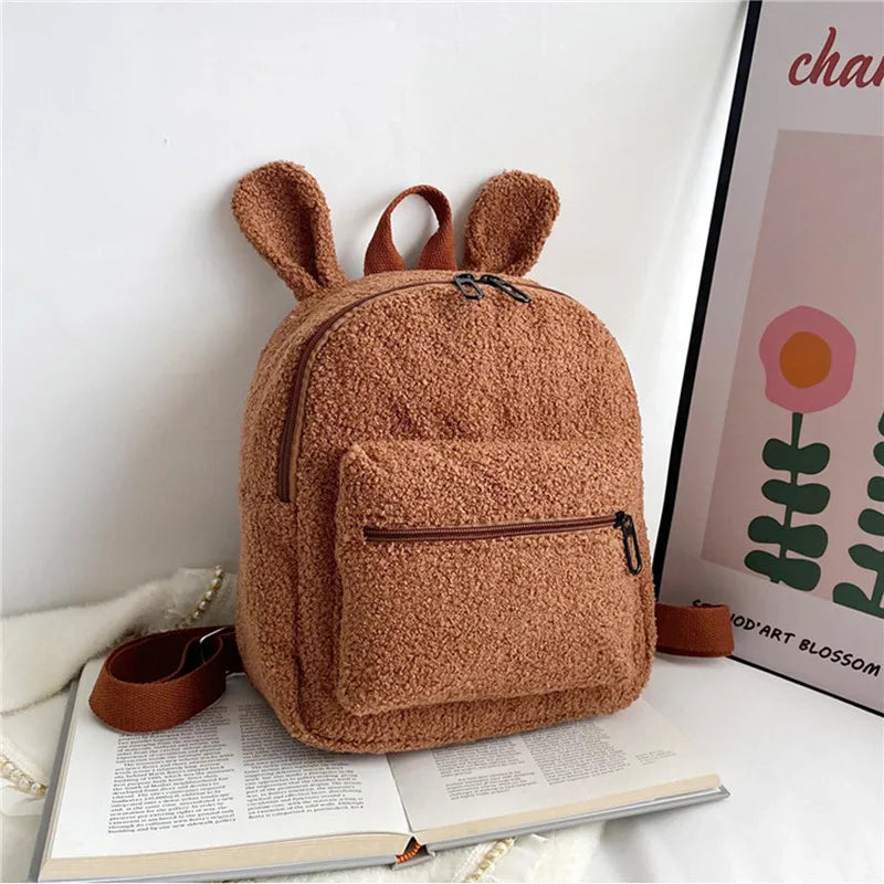 Rabbit Backpack Fluffy Plush School Bag With Bunny Ears Zipper-Open